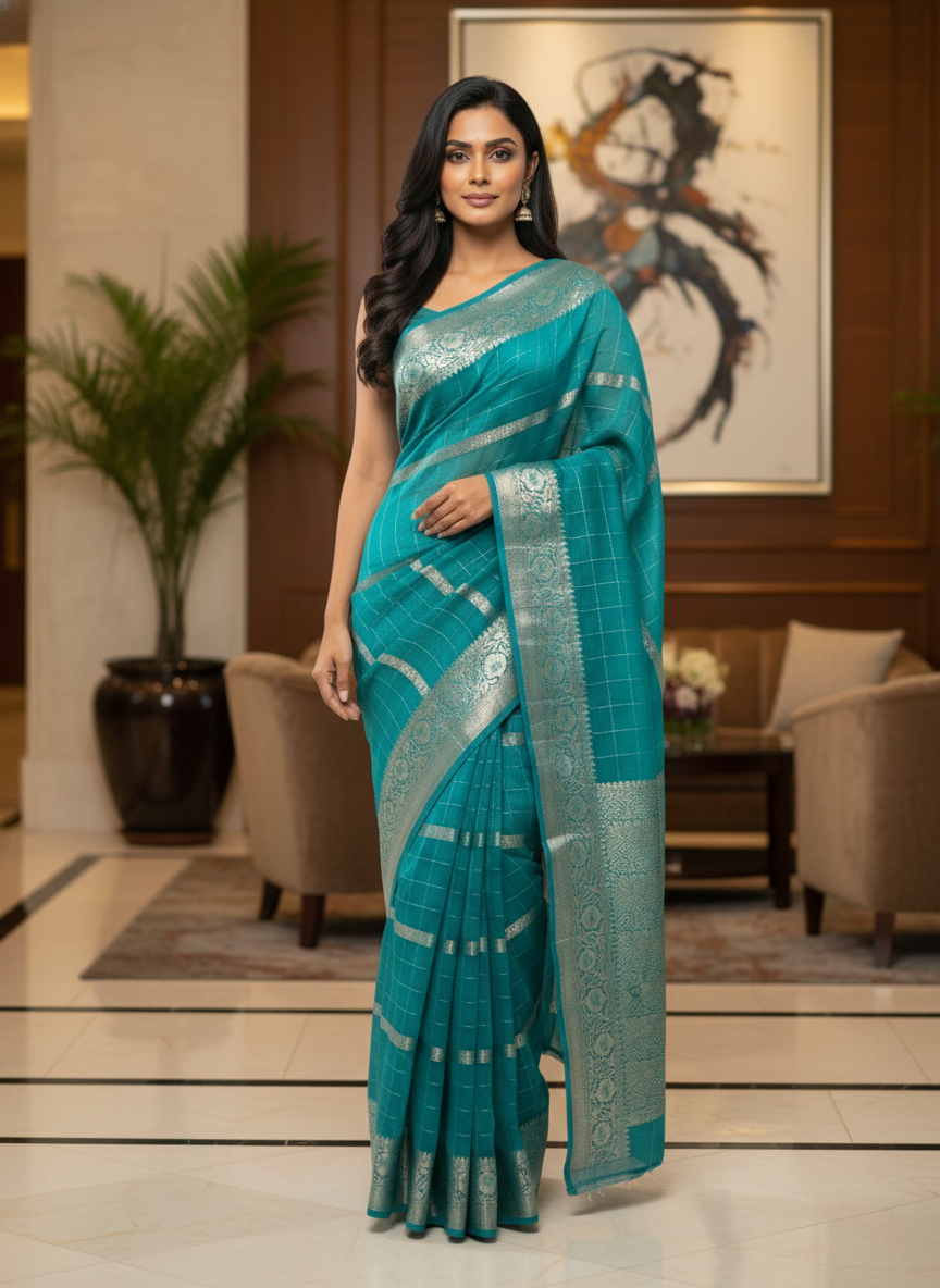 Parrot green  Silk Saree with Woven Border| AS-00242