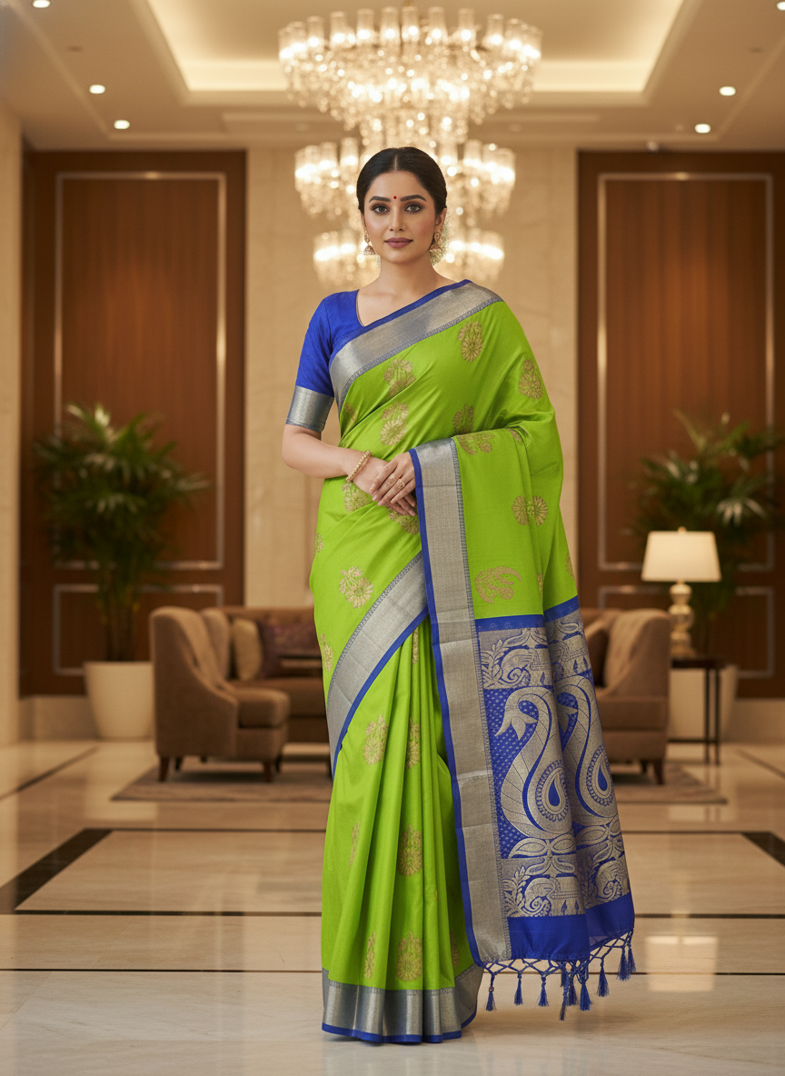 Parrot green Silk Woven Kanjivaram Saree|AS-0055