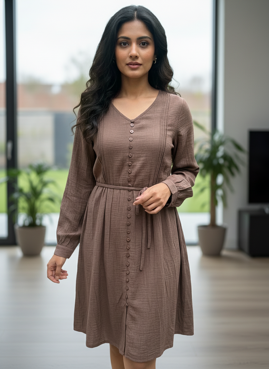 Women's Mauve Textured Button-Down Midi Dress| AS-00154