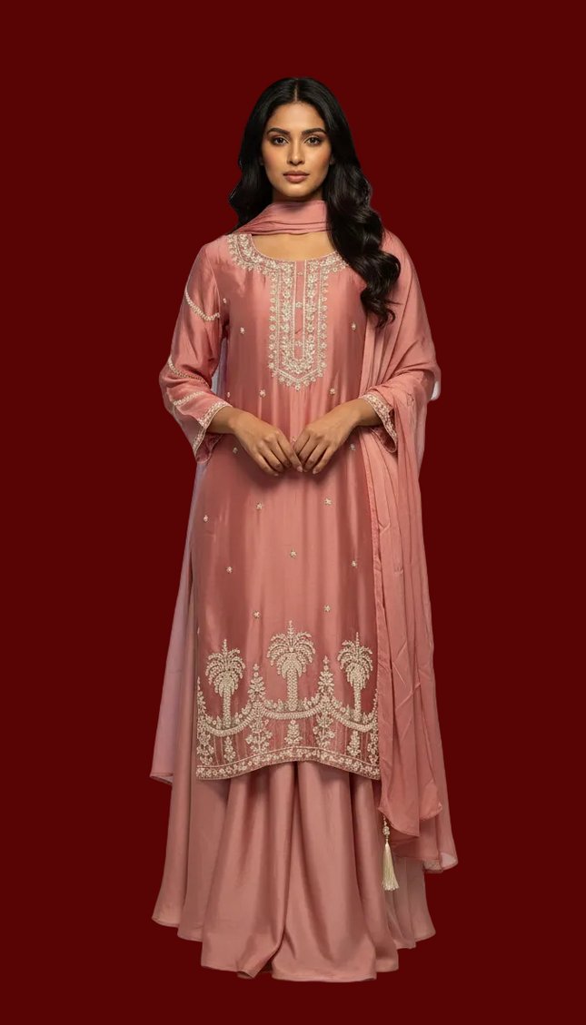 Dusty Pink Tissue Organza Palazzo Set with Elegant Embroidery|P2_2