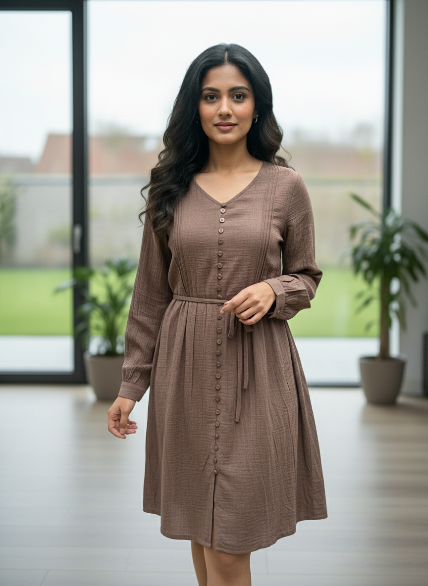 Women's Mauve Textured Button-Down Midi Dress| AS-00154