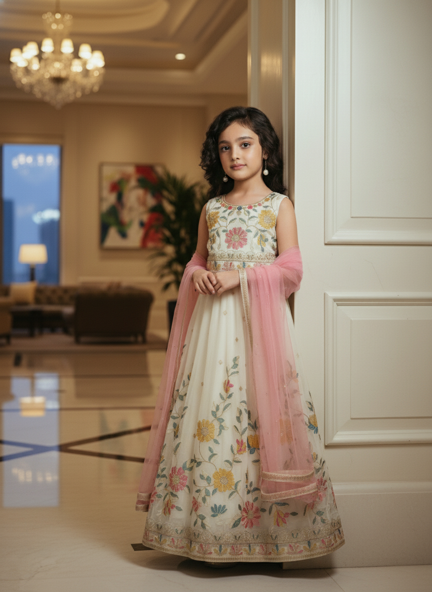Girls' Cream Floral Anarkali Gown | 3009