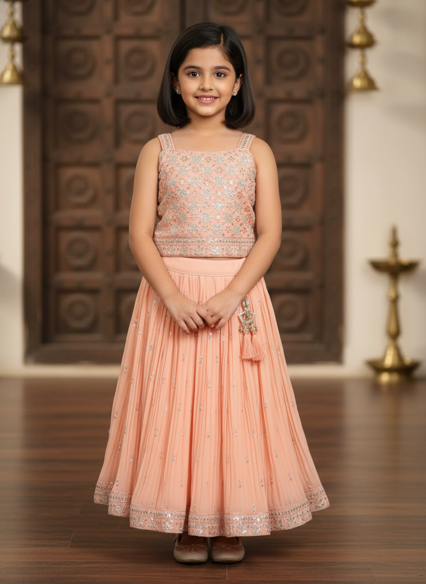 Girls' Designer Peach Lehenga Sets | Festive | 3007