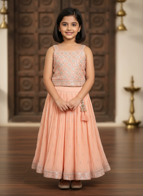 Girls' Designer Peach Lehenga Sets | Festive | 3007