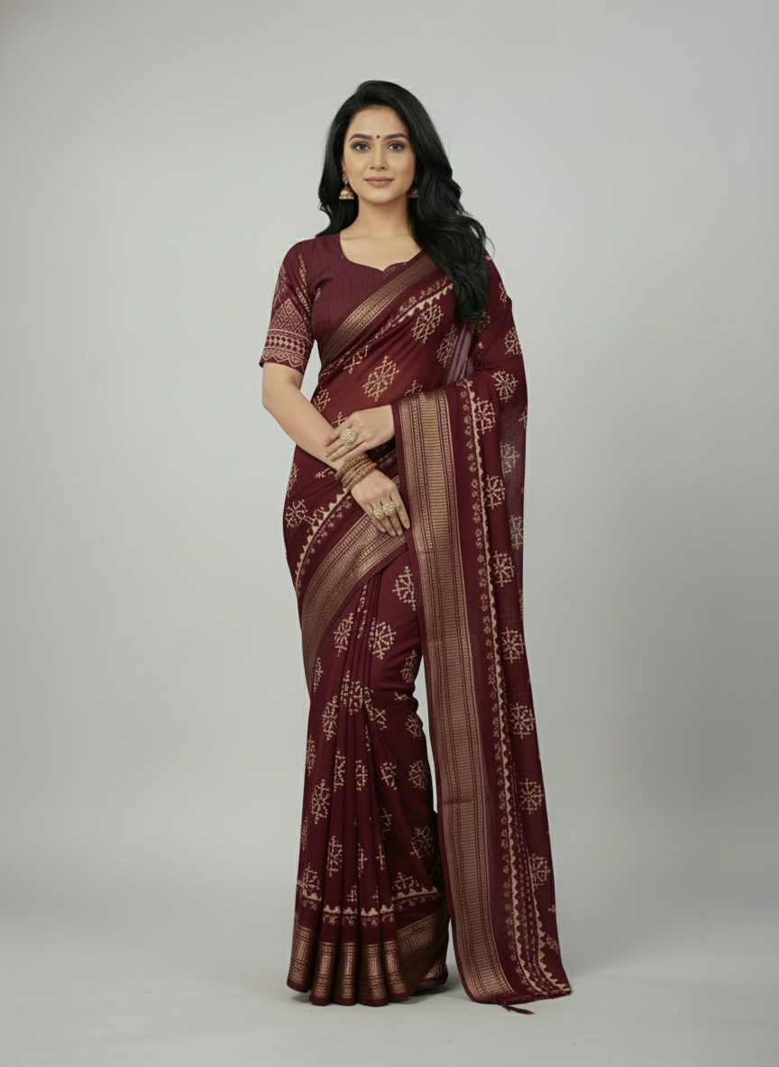 Maroon Floral Printed Chiffon Saree with Border| AS-00103