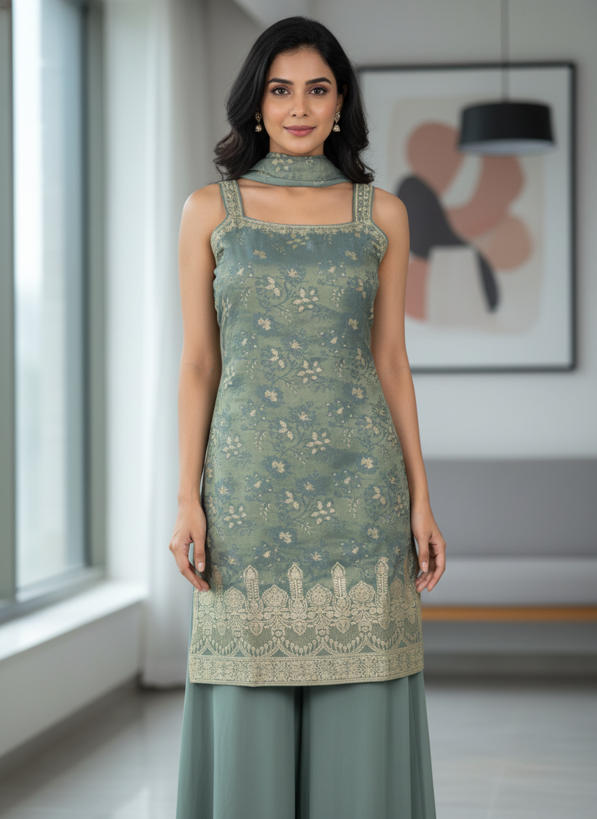 Bottle green silk Palazzo Set With Dupatta| AS-00255