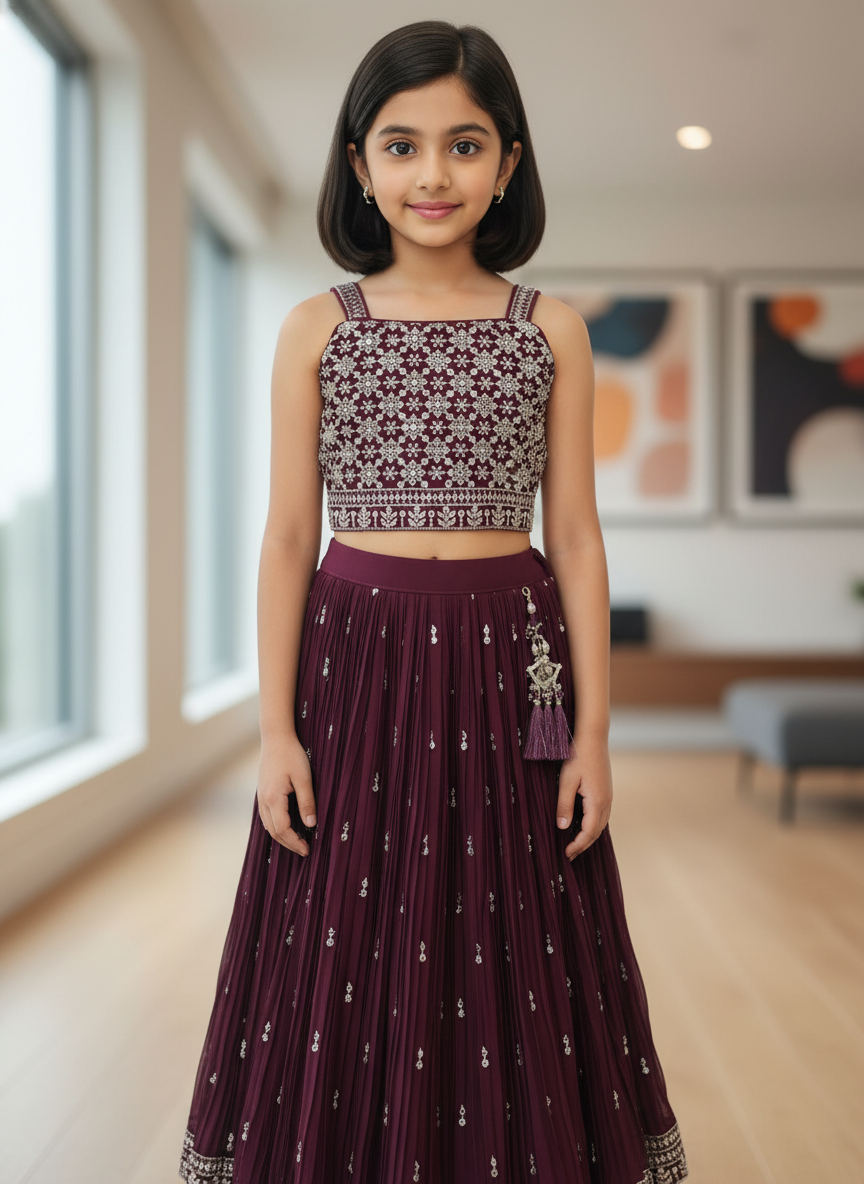 Girls' Maroon Embroidered Lehenga Set| 3006
