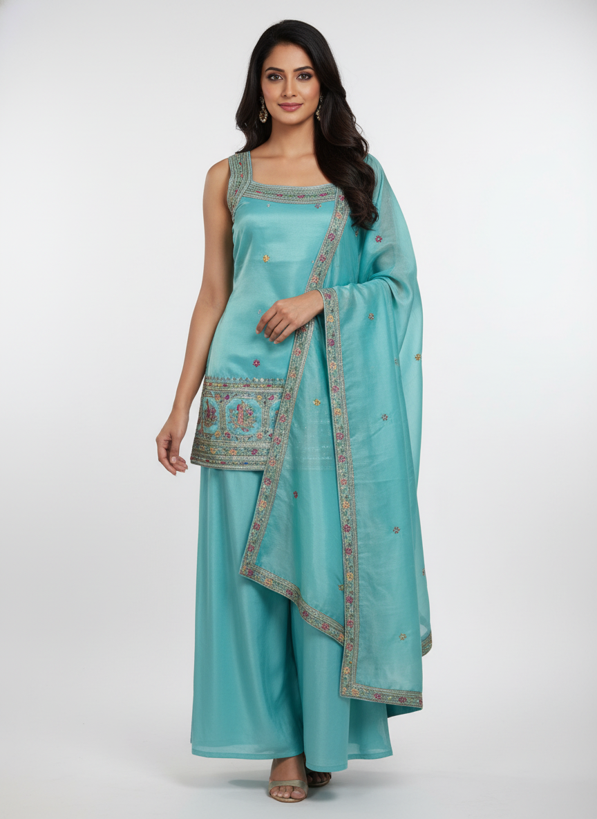 Light Blue silk Palazzo Set With Dupatta| AS-00251