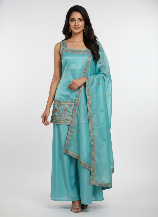 Light Blue silk Palazzo Set With Dupatta| AS-00251