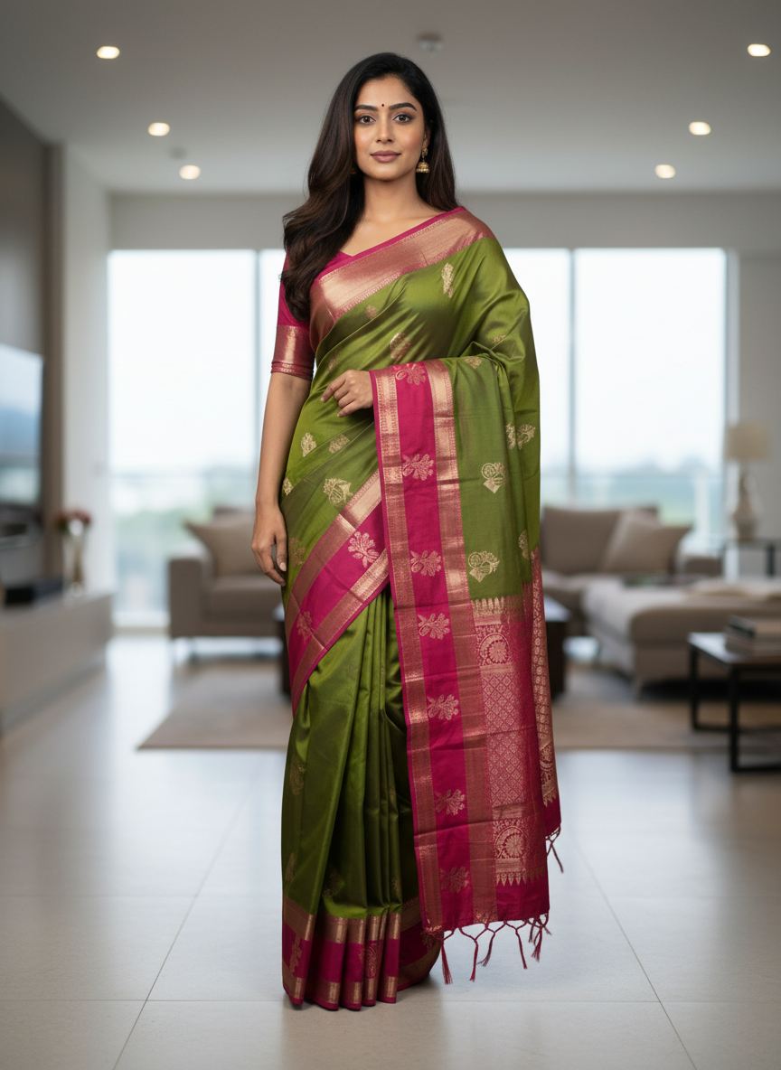 Mehandi Kanchipuram Silk Saree With Butta Design| AS-00120