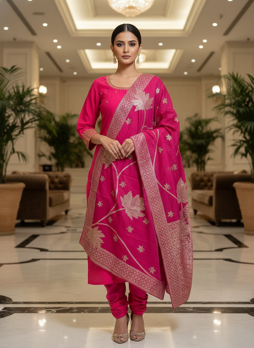 Elegant pink Kurta Set with Banarasi Dupatta| AS-00202