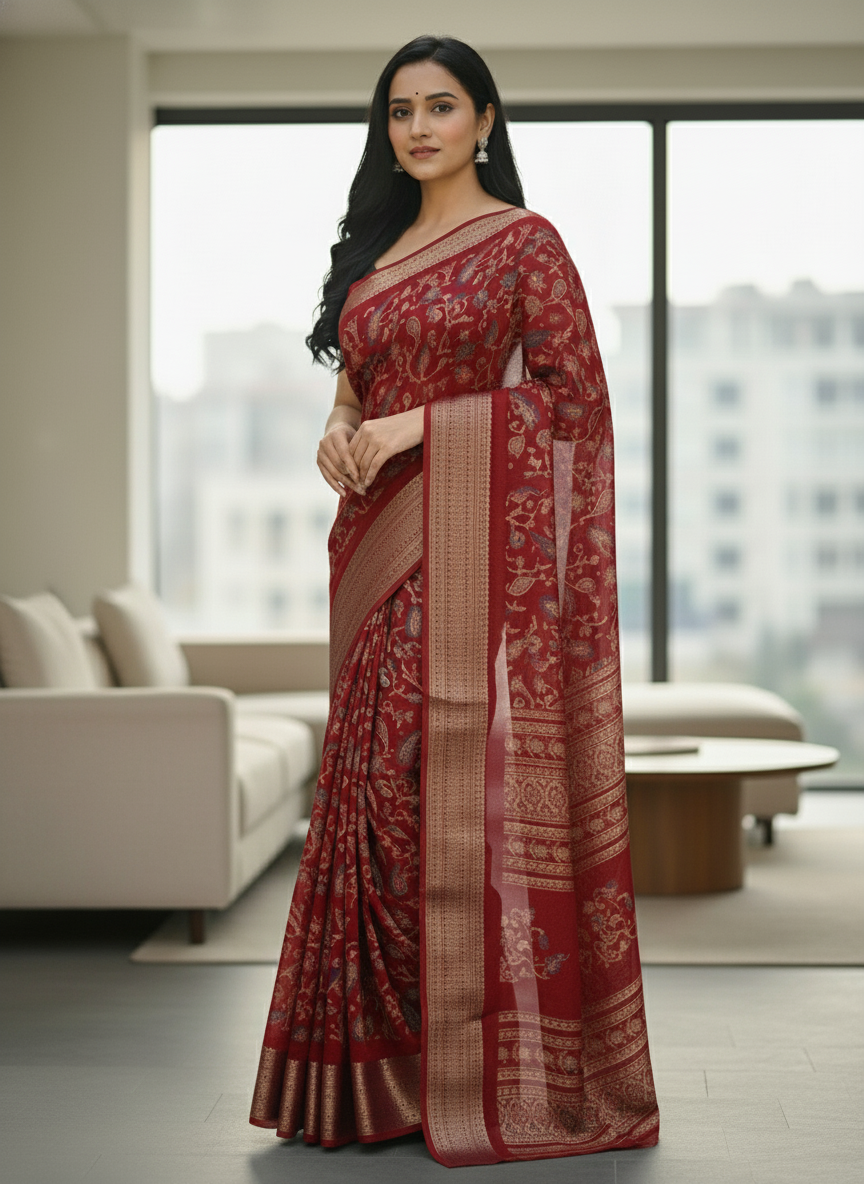 Navy Blue Floral Printed Chiffon Saree with Border| AS-00105