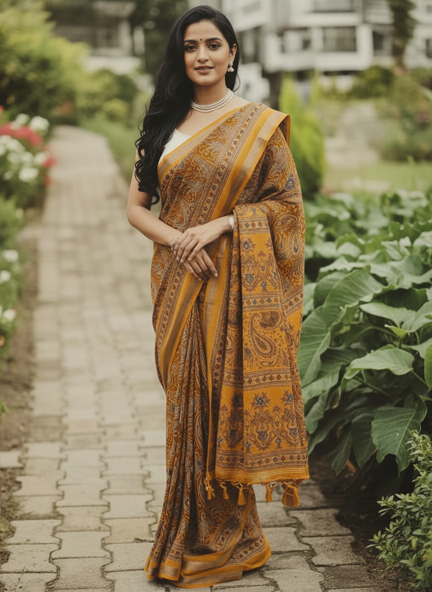 Black Floral Printed Chiffon Saree with Border| AS-00104