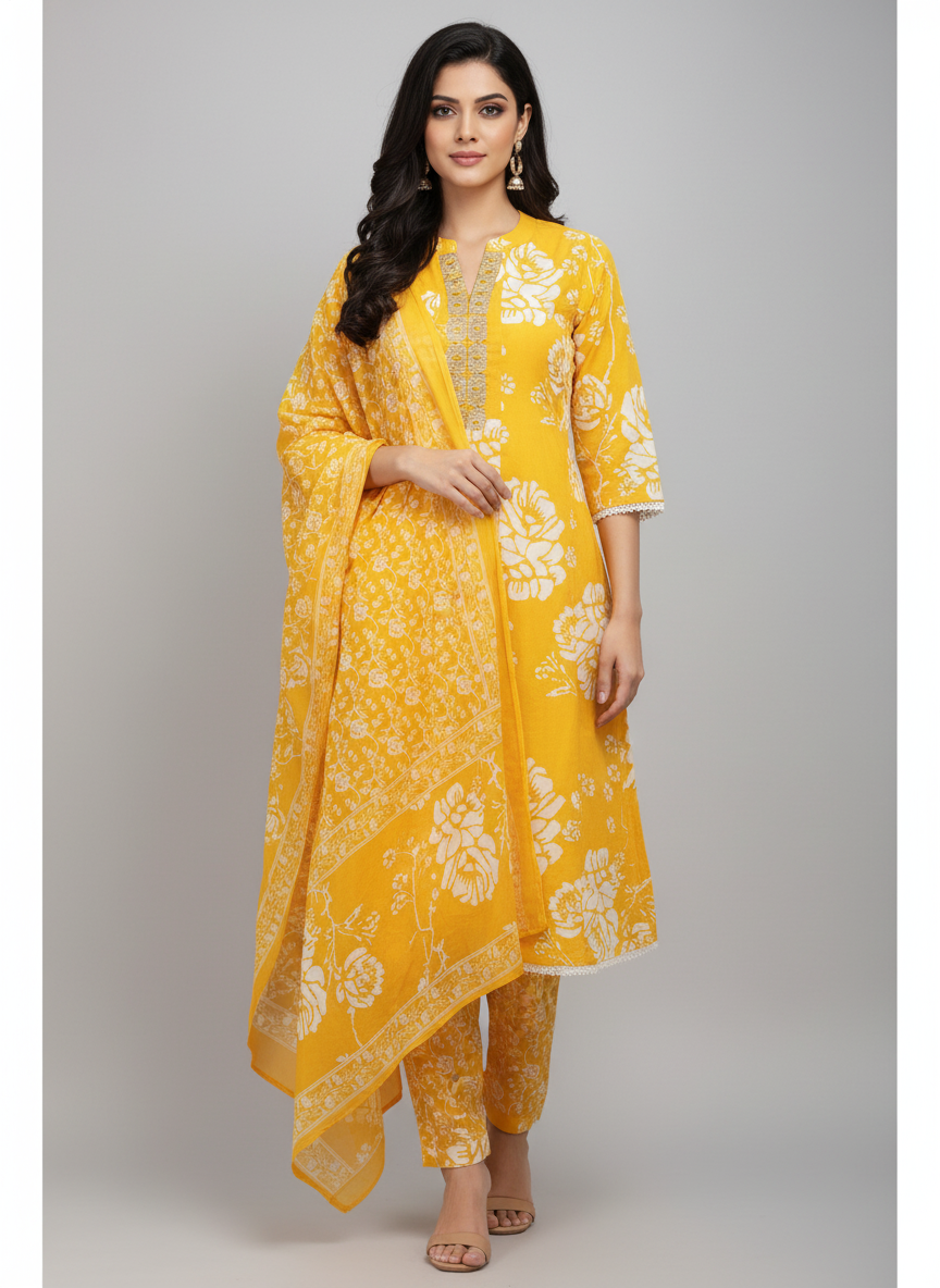 Yellow Cotton Printed straight cut kurta with Dupatta| AS-00157