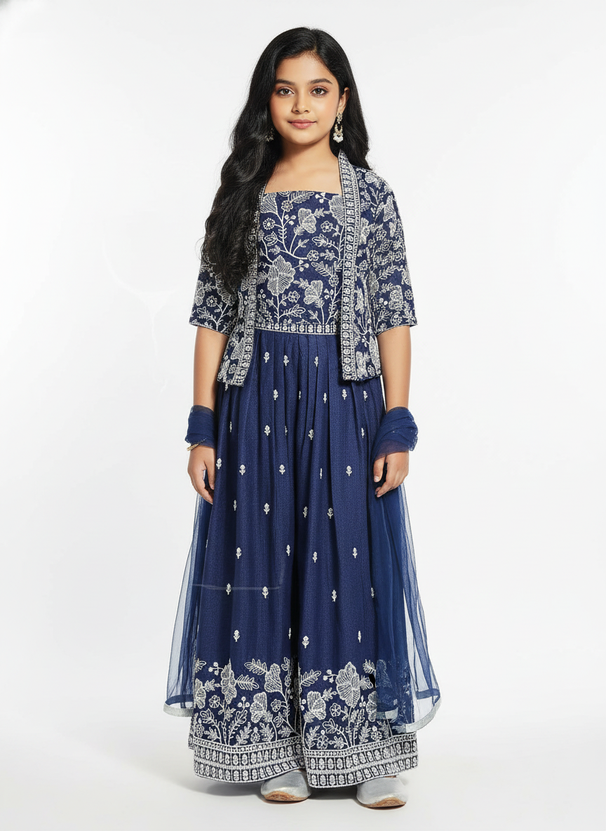Navy Blue Embroidered Palazzo Set with Dupatta For Girls|AS-K8