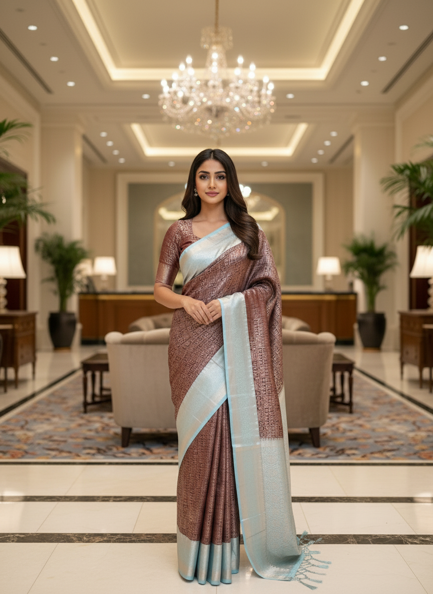 Brown Kanchipuram Silk Saree With Butta Design| AS-00128