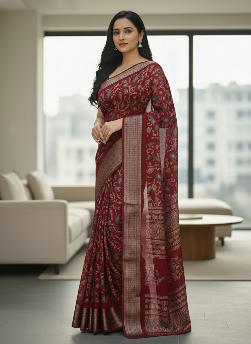 Navy Blue Floral Printed Chiffon Saree with Border| AS-00105