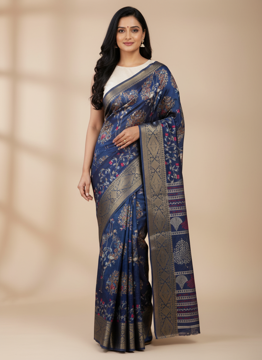 Emerald navy Printed Soft chiffon Saree | AS-0095
