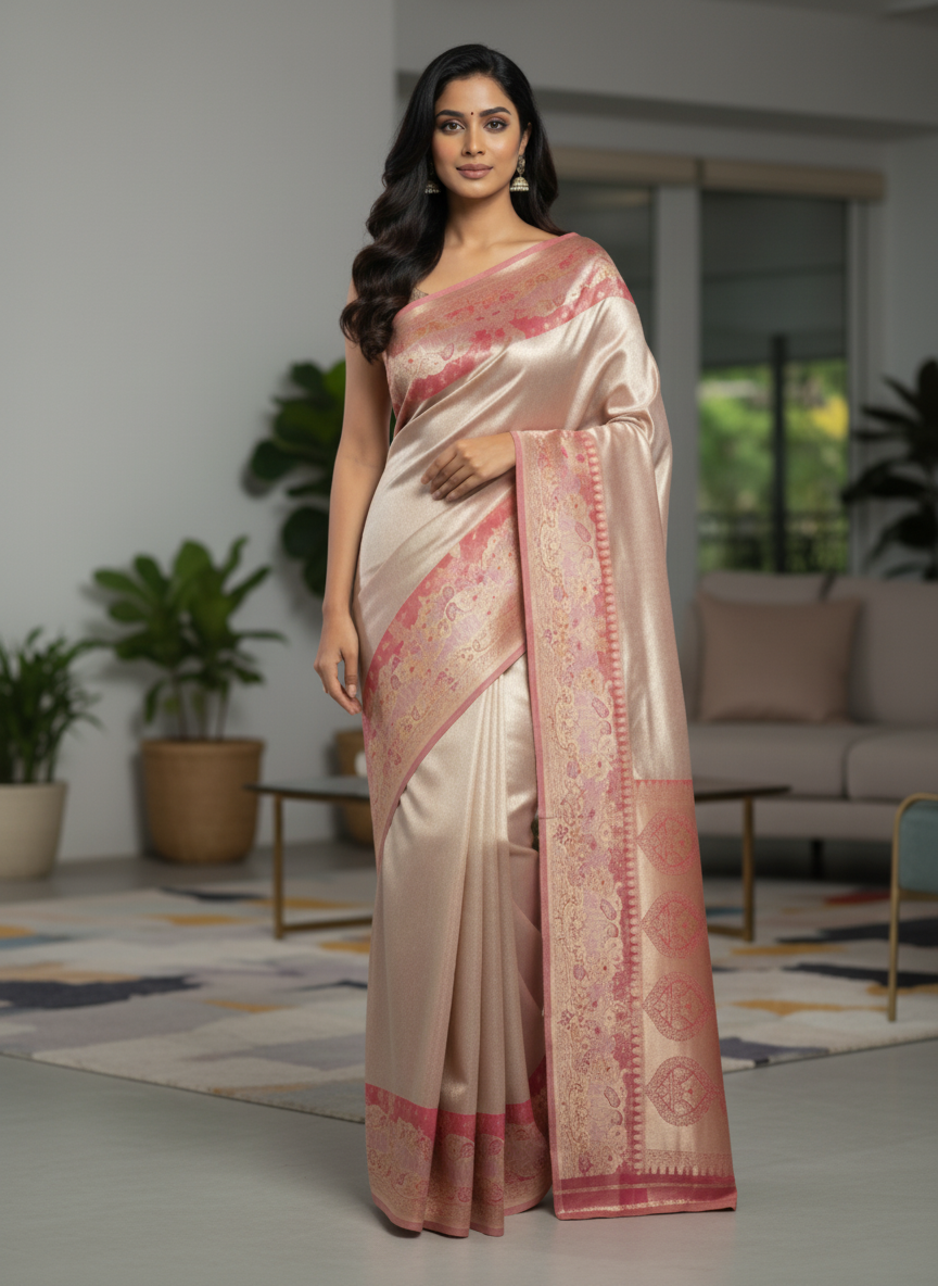 Beige  Kanchipuram Silk Saree With Butta Design| AS-00141