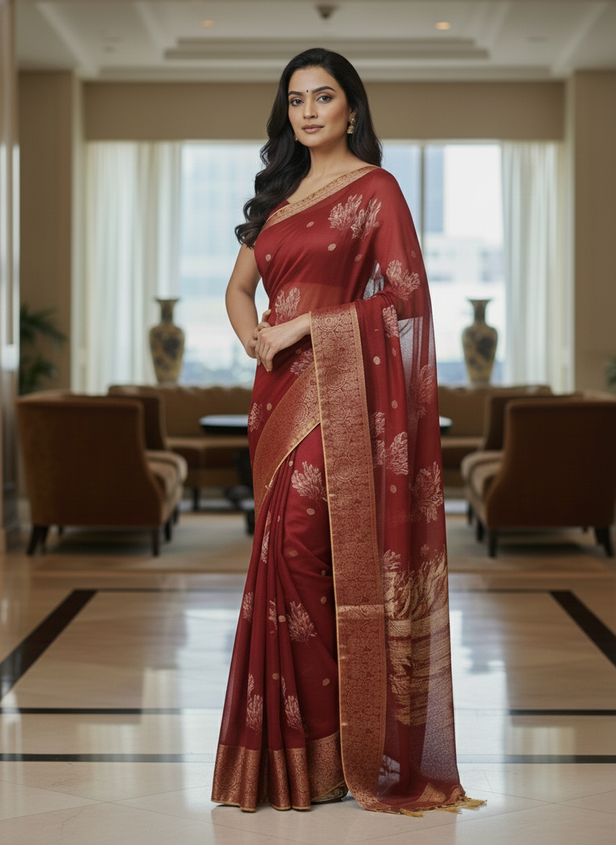 Blue  Floral Printed Chiffon Saree with Border| AS-00101