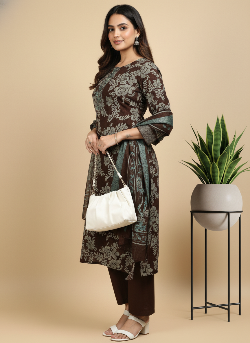 Wine Printed Kurti Set For Women| AS-00194