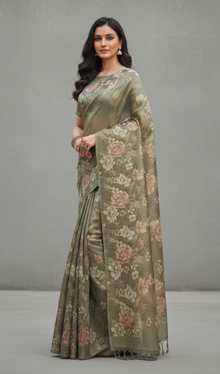 Sage Green Designer Organza Tissue Silk Saree with Floral Print & Blouse |DS25