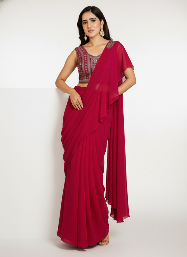 Georgette Ruffle Saree in Wine Pink