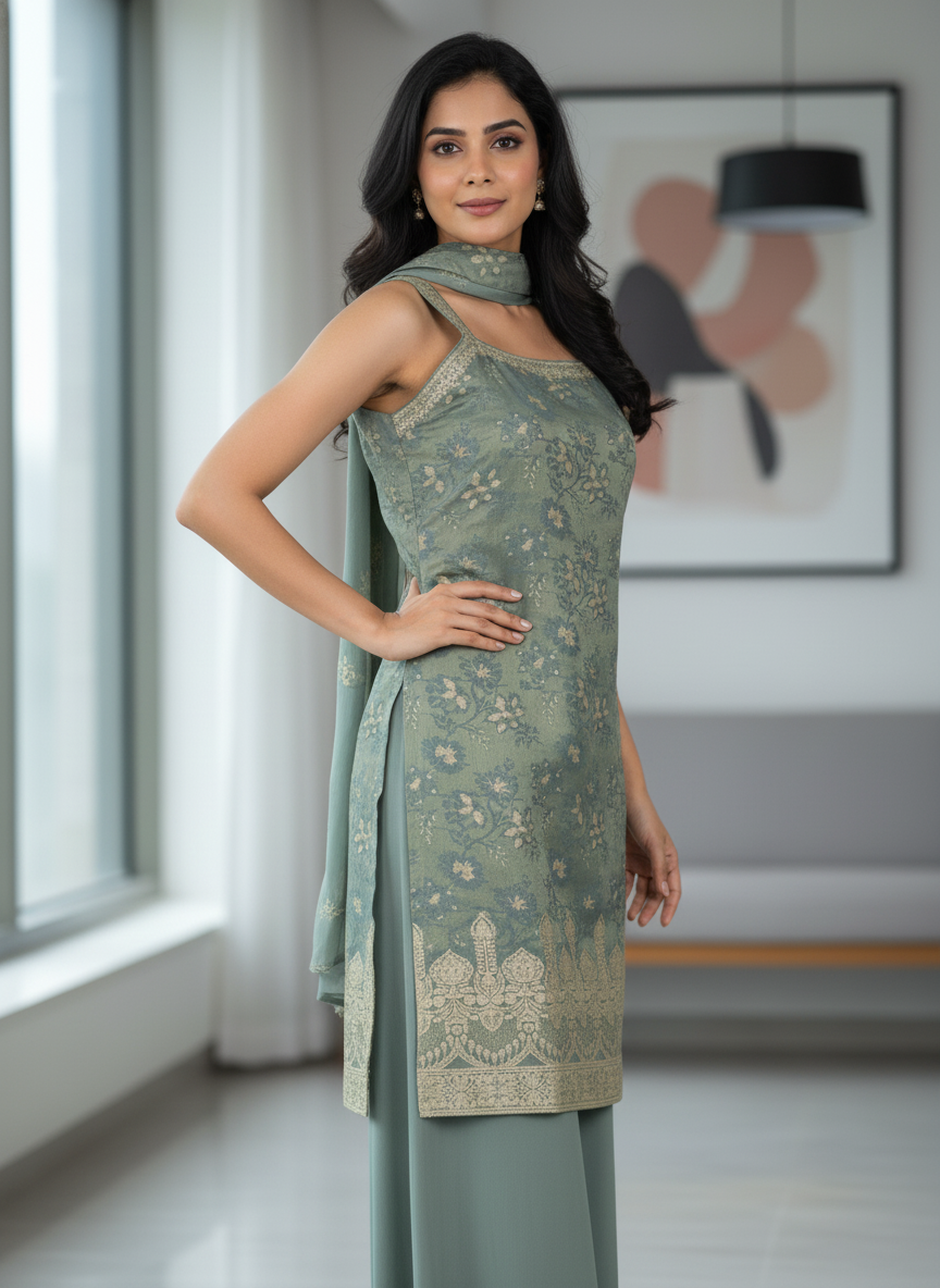 Bottle green silk Palazzo Set With Dupatta| AS-00255