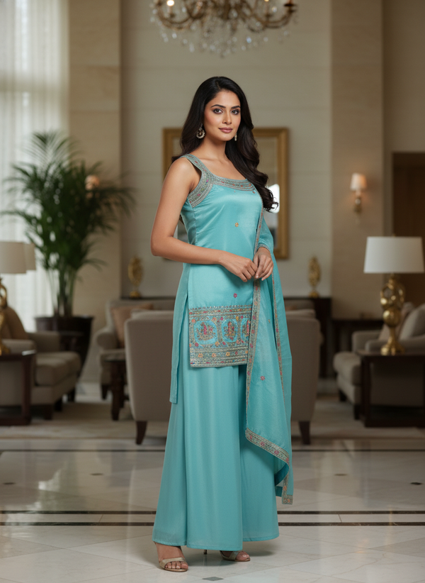 Light Blue silk Palazzo Set With Dupatta| AS-00251