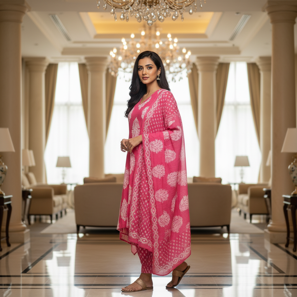 Pink Cotton Printed Salwar Suit with Dupatta| AS-00180