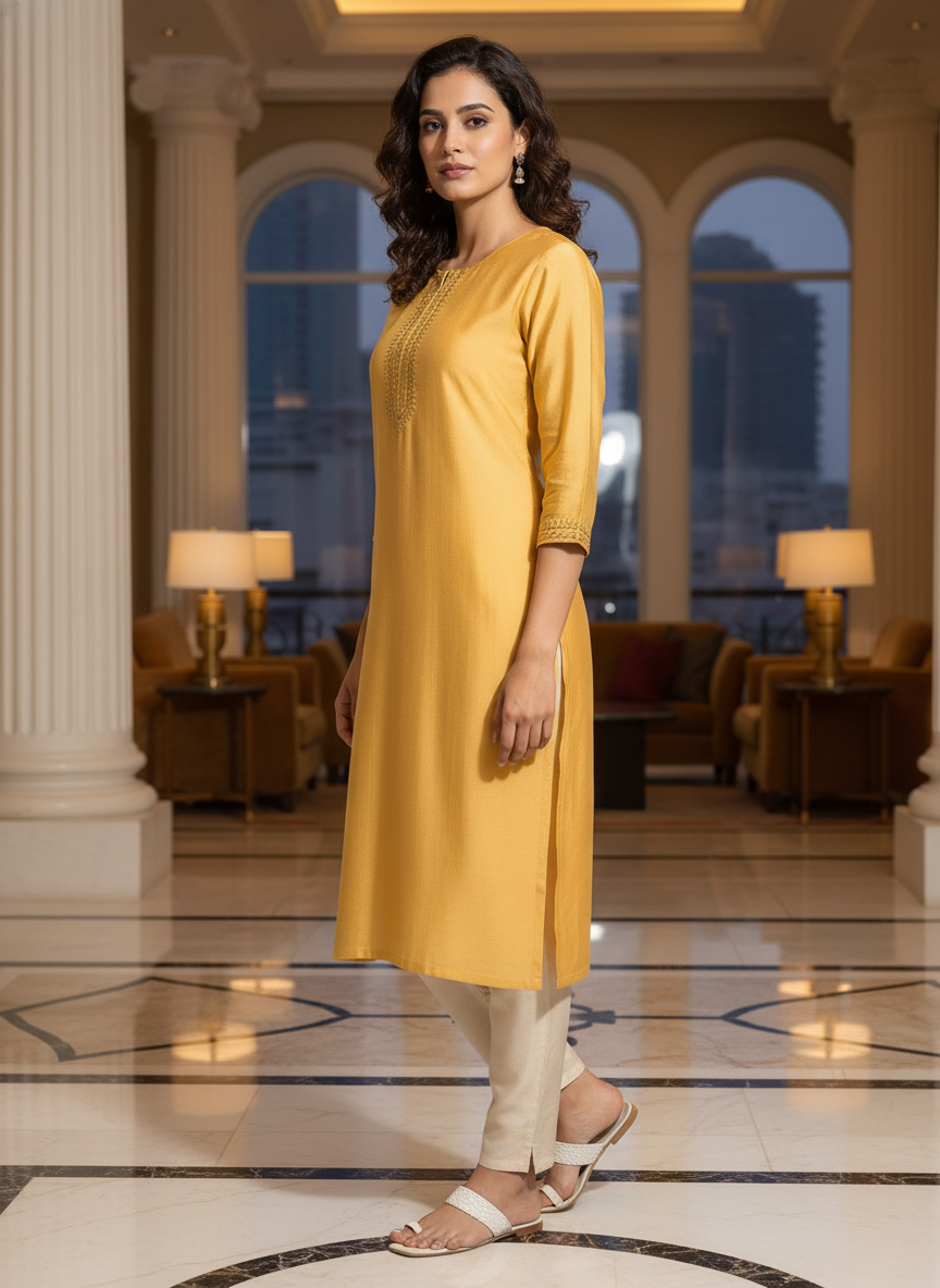 Mustard solid  straight cut kurta | AS-00166