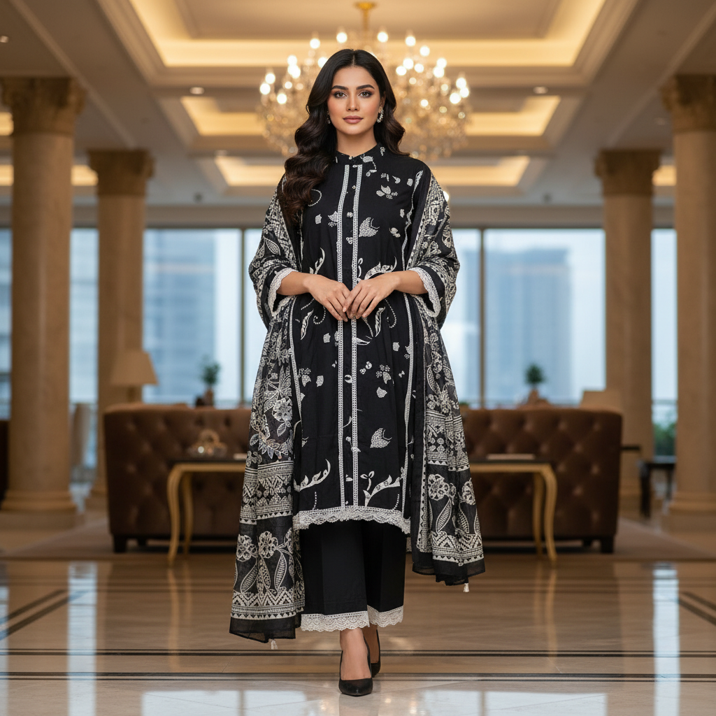 Black Cotton Printed Salwar Suit with Dupatta| AS-00176