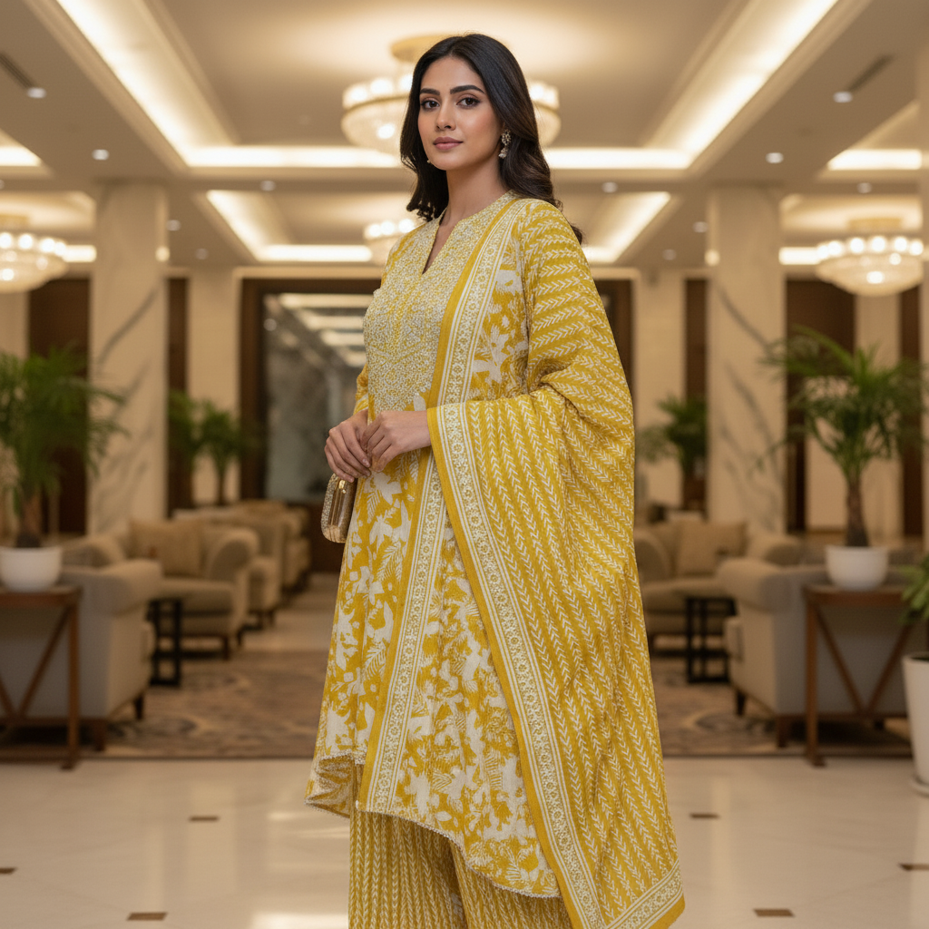 Yellow Cotton Printed Salwar Suit with Dupatta| AS-00172