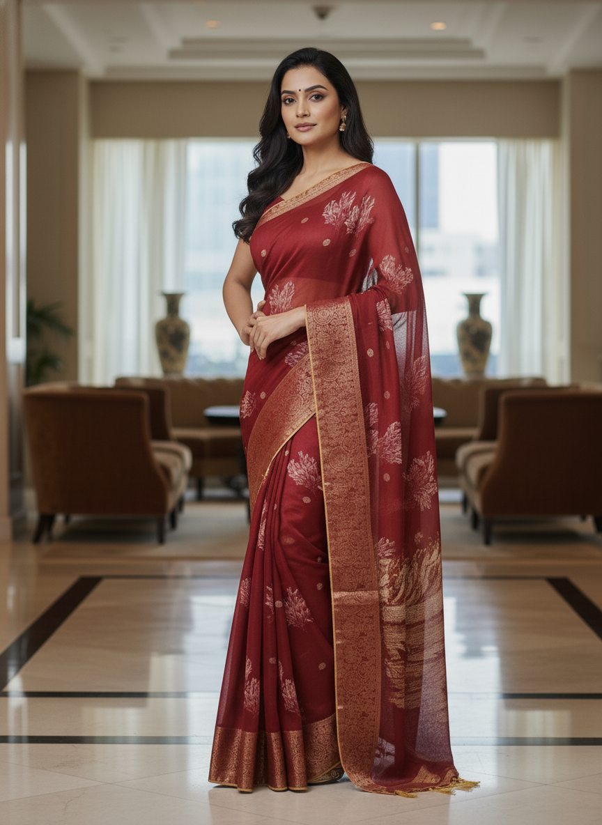 Blue  Floral Printed Chiffon Saree with Border| AS-00101