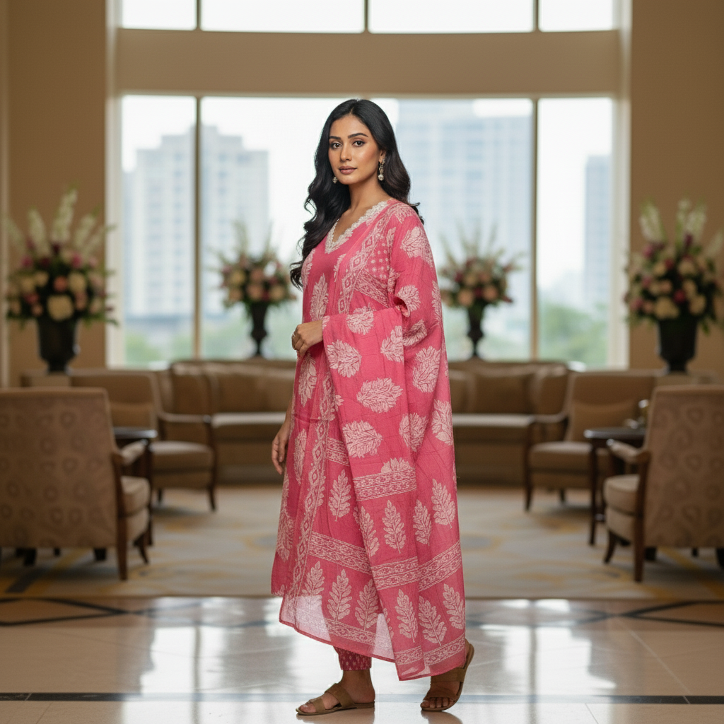Pink Cotton Printed Salwar Suit with Dupatta| AS-00180