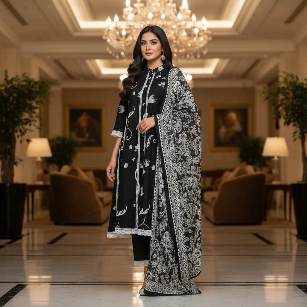Black Cotton Printed Salwar Suit with Dupatta| AS-00176