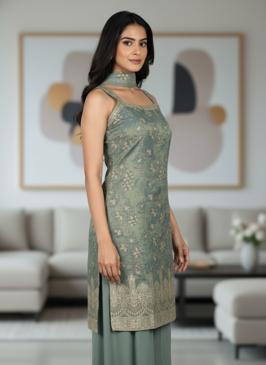 Bottle green silk Palazzo Set With Dupatta| AS-00255