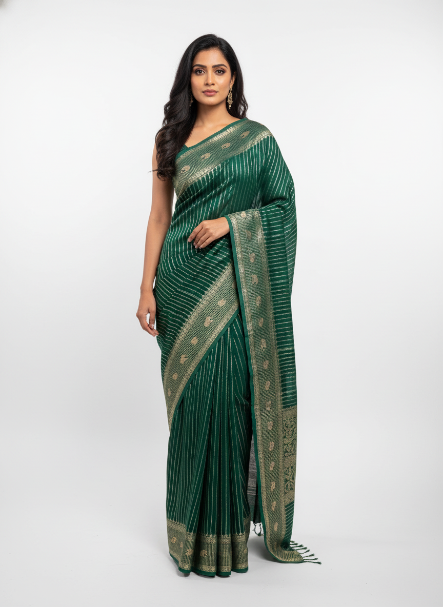 Rama green Silk Saree with Woven Border| AS-00241