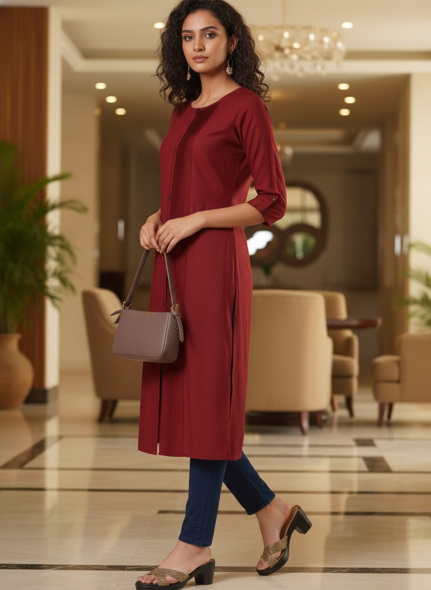 Red solid  straight cut kurta | AS-00168