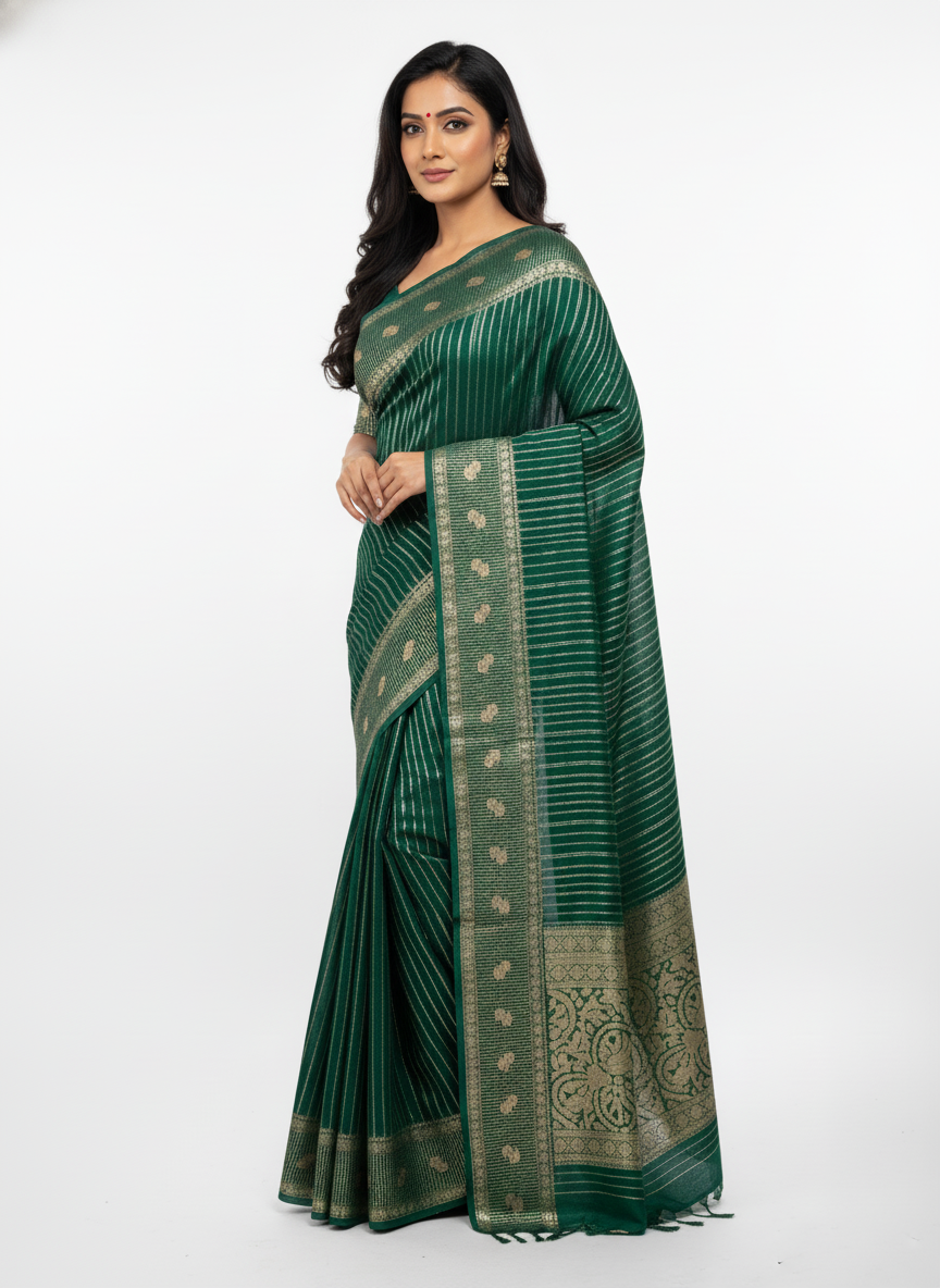 Rama green Silk Saree with Woven Border| AS-00241