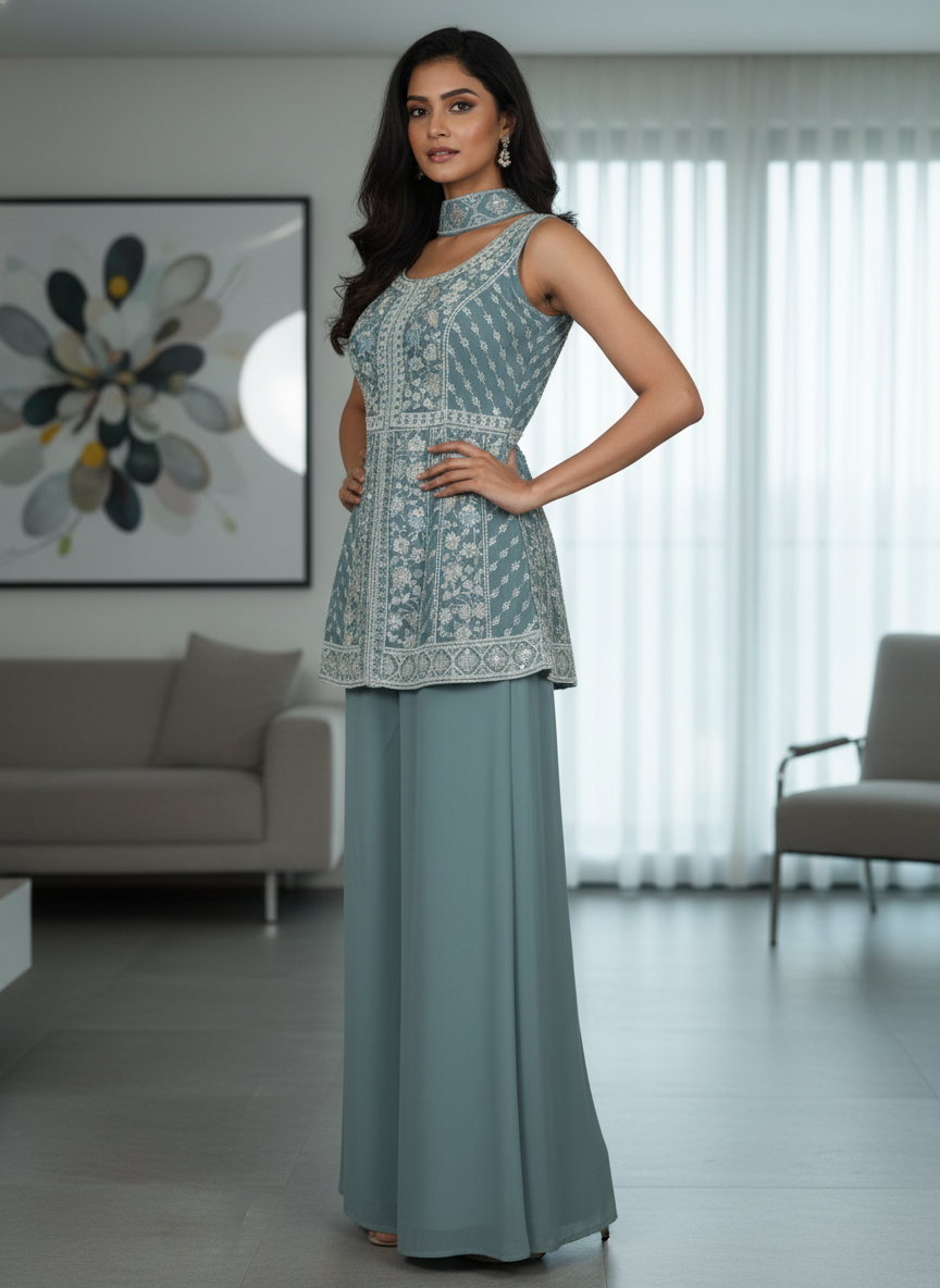 Light Blue silk Palazzo Set With Dupatta| AS-00256