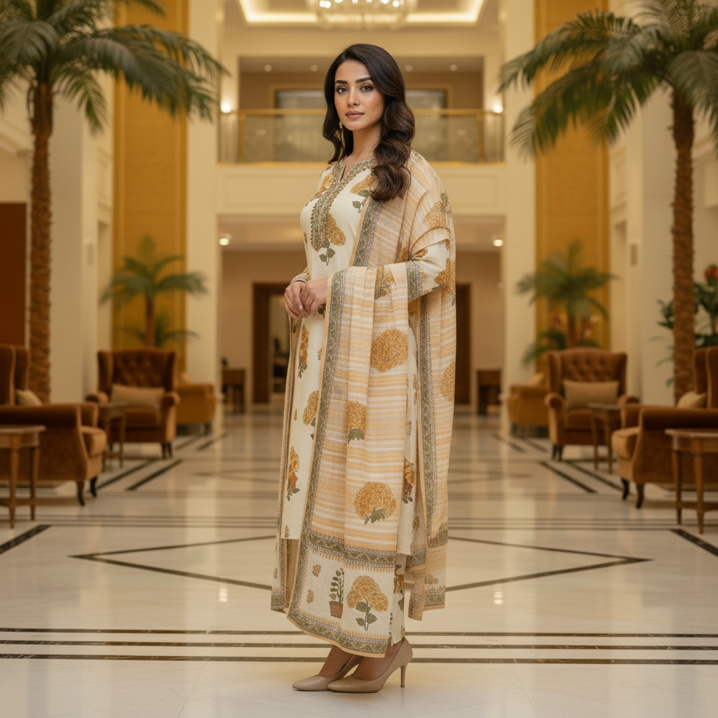 Cream Cotton Printed Salwar Suit with Dupatta| AS-00175