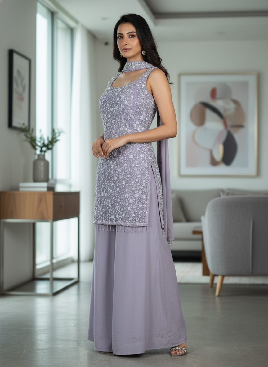 Lavender  silk Palazzo Set With Dupatta| AS-00258