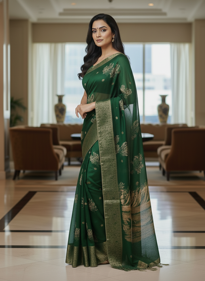 Blue  Floral Printed Chiffon Saree with Border| AS-00101