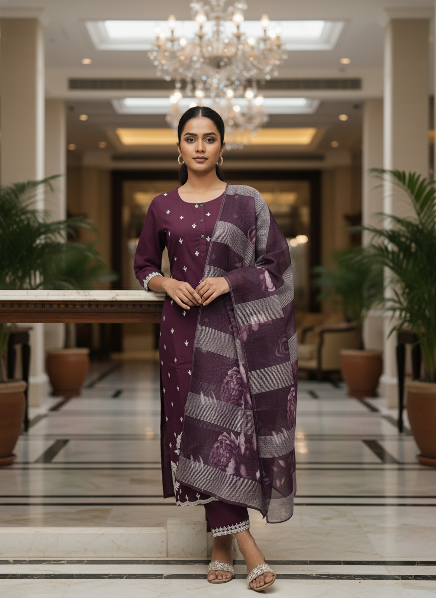 Elegant wine Kurta Set with Banarasi Dupatta| AS-00191