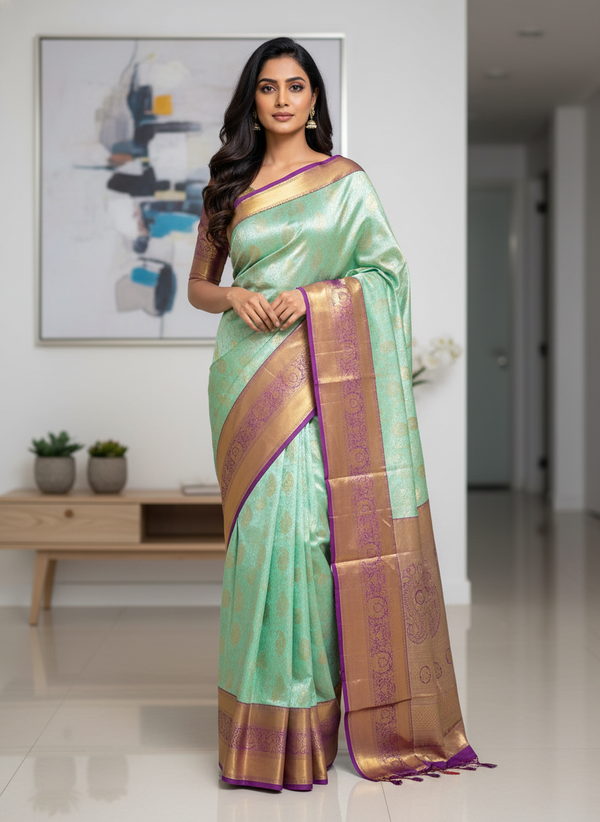 Green Kanchipuram Silk Saree With Butta Design| AS-00144