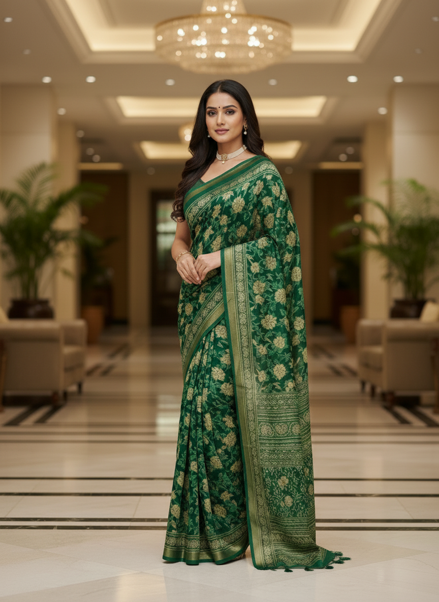 Green Multicolor Saree with Pattern Print | AS-00110