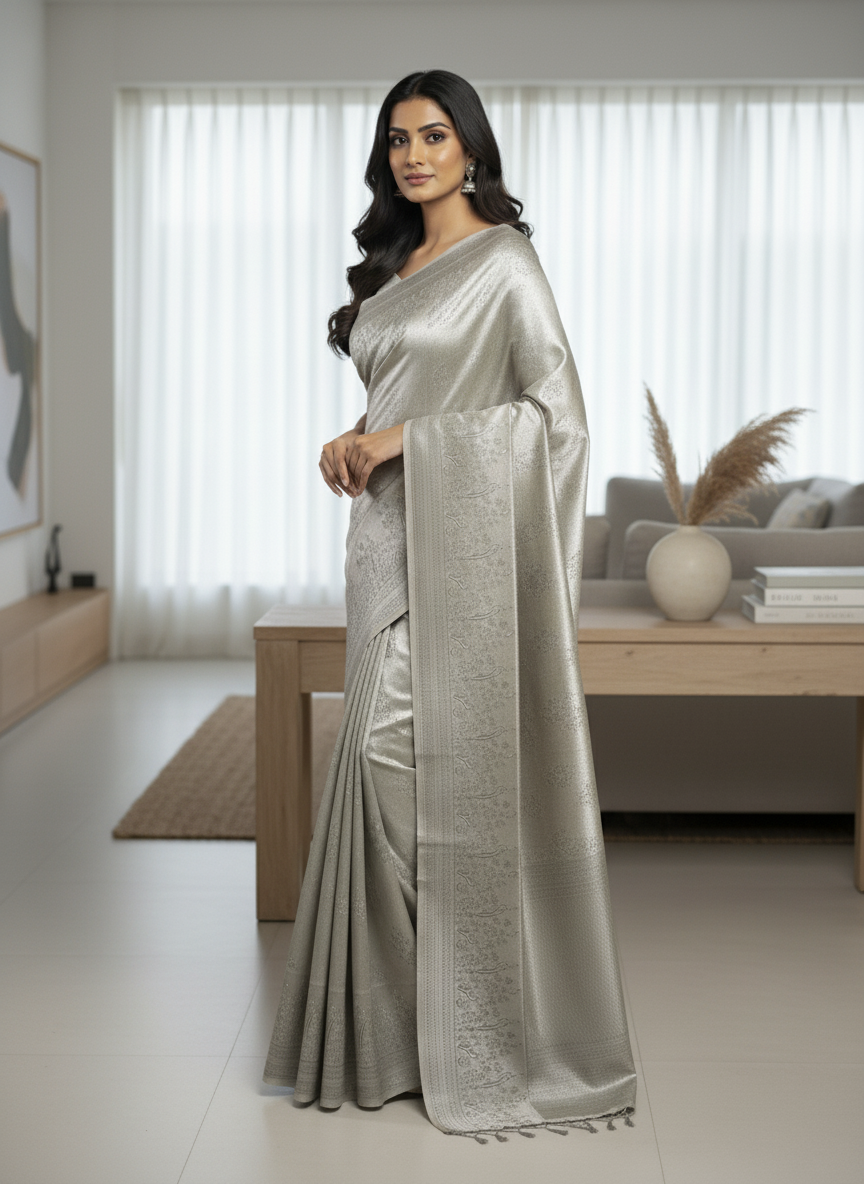 Cream Semi silk Kanchipuram With Butta Design| AS-00138