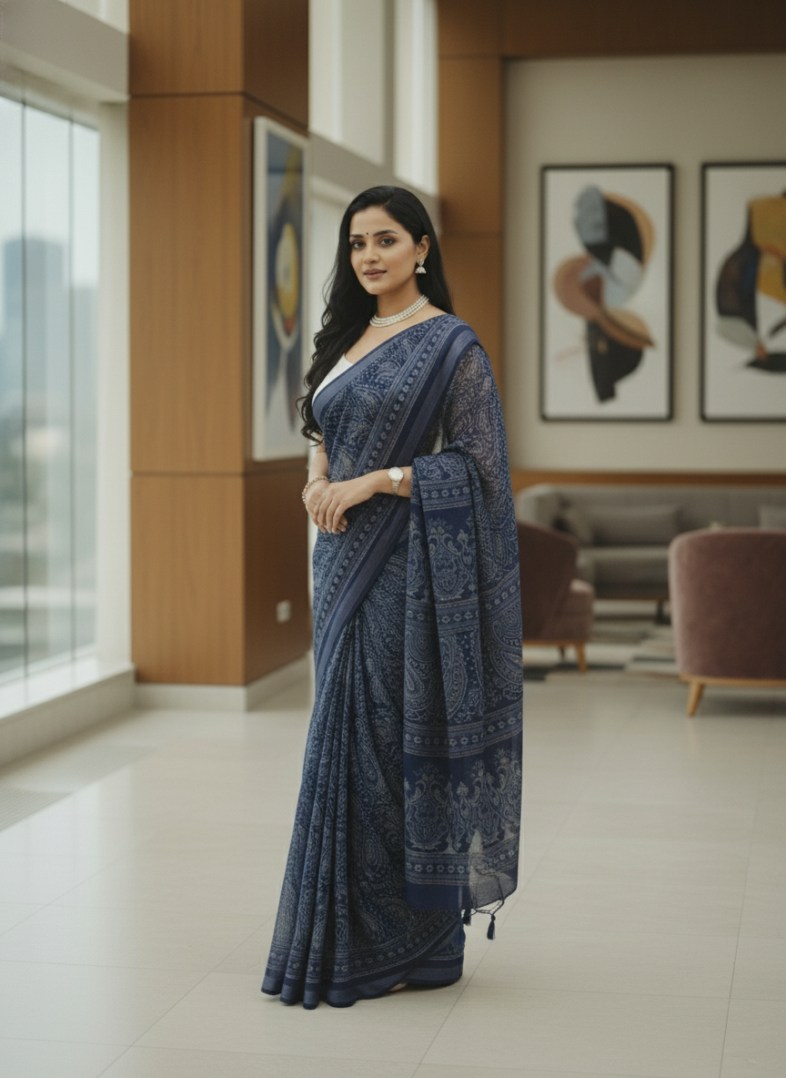 Black Floral Printed Chiffon Saree with Border| AS-00104