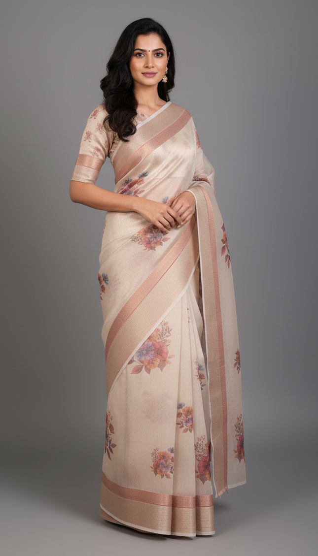 Ivory Cream Designer Organza Tissue Silk Floral Print Saree with Blouse |DS26|